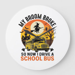 Grande Horloge Ronde Bus Scolaire Sorcière Halloween Design Vintage Ens