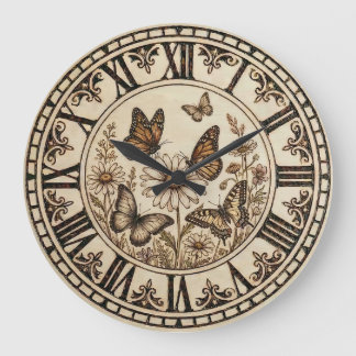 Grande Horloge Ronde Butterfly Garden Wall Clock – Wood-Burned style 