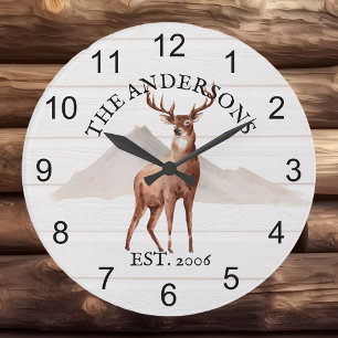 Grande Horloge Ronde Cabine Bois de cerf rustique Montagne personnalisé