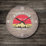 Grande Horloge Ronde Cabine de famille Rustic Retro Trees Nom de famill<br><div class="desc">Transformez votre maison en une retraite confortable avec notre Cabine de famille Rustic Retro Trees Nom de famille Grande horloge. Ce charmant garde-temps apporte la beauté rustique des grands espaces dans votre espace de vie. Présentant un design d'inspiration vintage avec des arbres rétro rustiques, il ajoute une touche de nostalgie...</div>