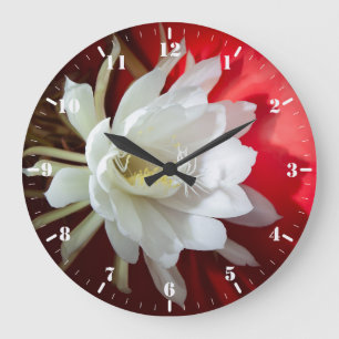 Grande Horloge Ronde Cactus en fleurs blanches 