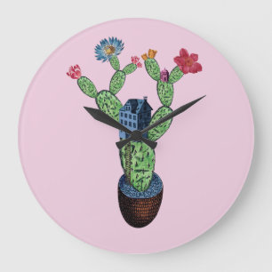 Grande Horloge Ronde Cactus épineux avec des fleurs