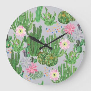 Grande Horloge Ronde Cactus et fleurs, aquarelle peinture transparente.