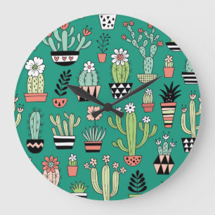 Grande Horloge Ronde Cactus Fleuris Fond Vert Vintage