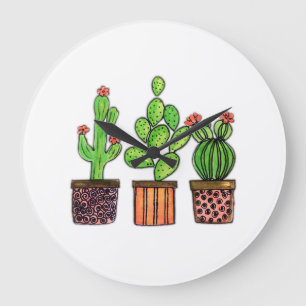 Grande Horloge Ronde Cactus mignon d'aquarelle dans des pots
