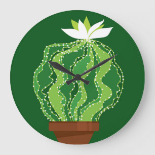 Grande Horloge Ronde Cactus vert : motif abstrait naturel.