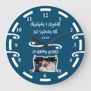 Grande Horloge Ronde Cadeau 25 ans de mariage Noms photo bleu