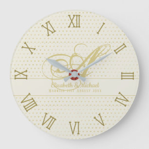 Grande Horloge Ronde Cadeau de mariage Monogramme Cœurs d'Amour Or Nouv