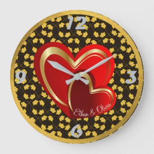 Grande Horloge Ronde Cadeau de mariage personnalisé Modern Love Red Hea