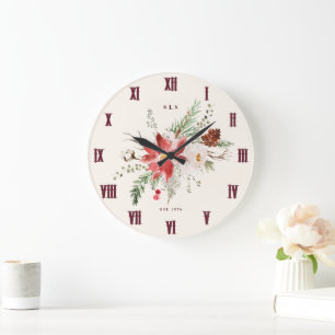 Grande Horloge Ronde Cadeau de Noël Monogramme Poinsettia Noël
