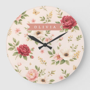 Grande Horloge Ronde Cadeau Personnalisé Nom Romantique Floral Vintage