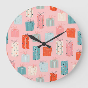 Grande Horloge Ronde Cadeaux de Noël, arrière - plan rose, motif vintag