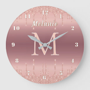Grande Horloge Ronde Cadran à paillettes en or rose Lettre de nom perso