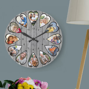 Grande Horloge Ronde Cadran en forme de cœur avec photos Bois gris rust