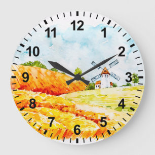 Grande Horloge Ronde Cadran mural Moulin à vent de la ferme aquarelle