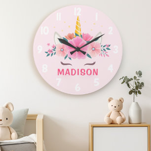Grande Horloge Ronde Cadran mural pour chambre de filles licorne mignon