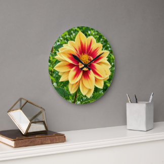 Grande Horloge Ronde Cadran rond avec fleur de dahlia jaune