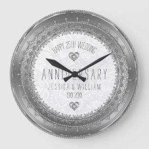 Grande Horloge Ronde Cadre en dentelle d'argent 25e anniversaire Mariag