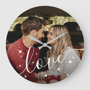 Grande Horloge Ronde Cadre photo personnalisé de couple avec écriture '
