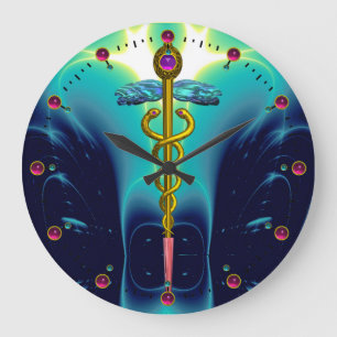 Grande Horloge Ronde CADUCÉE MÉDICAL EN OR Turquoise Bleu