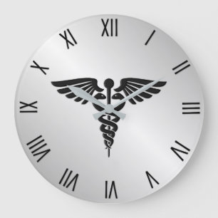 Grande Horloge Ronde Caducée Médicale en argent avec chiffres noirs