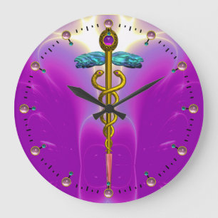 Grande Horloge Ronde CADUCÉE symbole médical en or rose fuchsia vibrant