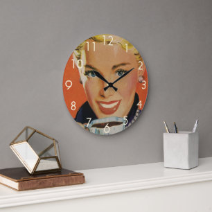 Grande Horloge Ronde Café vintage, Bonne Femme avec la Coupe de Café Ré