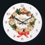 Grande Horloge Ronde Calligraphie de guirlande vintage et de Joyeux<br><div class="desc">La guirlande florale de vacances vintages avec l'arc et la coutume a numéroté le cadran avec la salutation de calligraphie de "Joyeux Noël" de gradient d'or.</div>