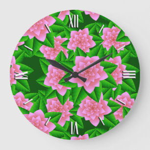 Grande Horloge Ronde Camellias rose glace et Feuilles verts