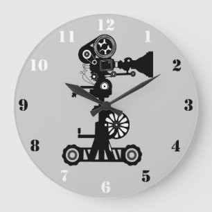 GRANDE HORLOGE RONDE CAMÉRA CINÉMA CRÉATIVE AVEC NUMÉRAUX NOIR ET B