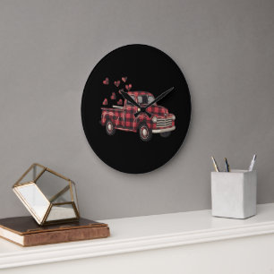 Grande Horloge Ronde Camion de la Saint-Valentin Funny Buffalo Plaid Le