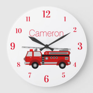 Grande Horloge Ronde Camion de pompiers rouge avec votre propre nom per