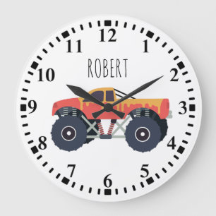 Grande Horloge Ronde Camions Monster Colorés Racing Enfants Nom personn