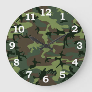 Grande Horloge Ronde Camouflage Camo Green Brown Pattern