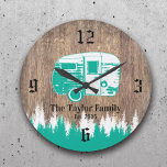 Grande Horloge Ronde Camping Trailer Happy Campers Family Nom Wooden<br><div class="desc">Vintage Wooden Camping Trailer Happy Campers Family Name Clocks.</div>