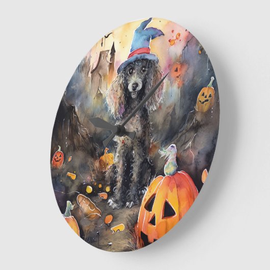 Grande Horloge Ronde Caniche D'Halloween Avec Peur Citrouille (Angle)