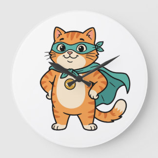 Grande Horloge Ronde Capitaine Whiskerton – Joli Super-héros Tabby Oran