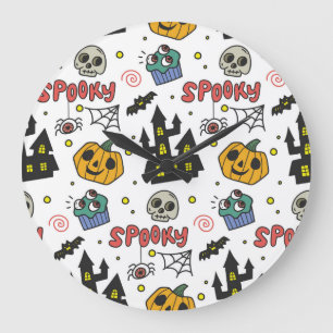 Grande Horloge Ronde Caractères d'Halloween : Motif Whimsical Seamless