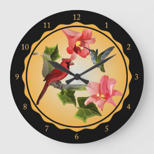 Grande Horloge Ronde Cardinal et colibri avec des piments roses et de l