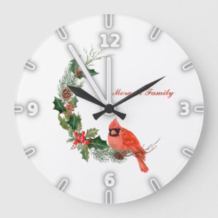 Grande Horloge Ronde Cardinal rouge oiseau houx baie Noël