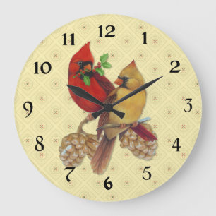 Grande Horloge Ronde Cardinaux d'hiver Pine et Holly