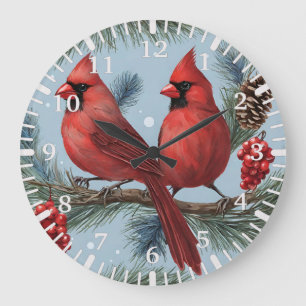 Grande Horloge Ronde Cardinaux rouges, Baies, Branches de pins, Pinecon