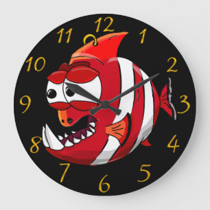 Grande Horloge Ronde caricature blanche et rouge poisson piranha
