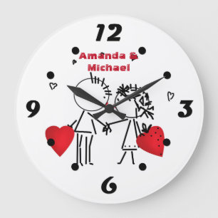 Grande Horloge Ronde Caricature mignonne, dessinée à la main, fille amo