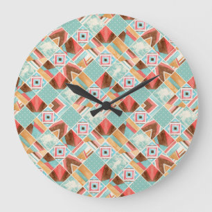 Grande Horloge Ronde Carré aquarelle, arrière - plan géométrique patchw
