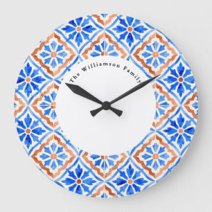 Grande Horloge Ronde Carreau d'azulejo bleu méditerranéen Nom personnal