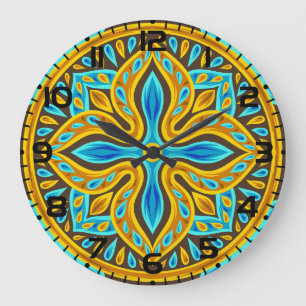 Grande Horloge Ronde Carreau de style marocain méditerranéen bleu et or