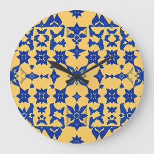 Grande Horloge Ronde Carreaux de motif azulejo bleu or des Caraïbes