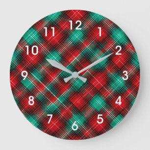 Grande Horloge Ronde Carreaux de vacances rouges et verts