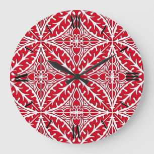 Grande Horloge Ronde Carreaux marocains - rouge foncé et blanc